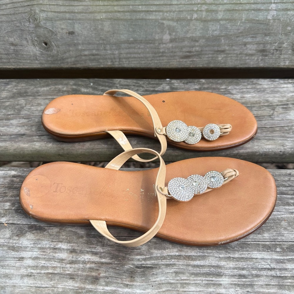 Toscanella Italian Tan Leather Rhinestone Flat Thong Sandals Brown Sz 8.5 Resort - Picture 2 of 6